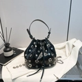 Black patent leather bucket bag with silver metal studs and punk chain strap - Black