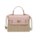 Pink leather flip straw woven handbag with golden metal twist lock and white rope strap - Pink
