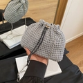 Grey crochet knit bucket bag with silver butterfly clasp and bead chain strap - Gray
