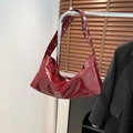 Retro burgundy crescent hobo bag with glossy finish and silver metal rivet shoulder strap - Red