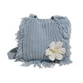 Light blue hand-knitted crossbody bag with fringe edges and white crochet flower detail - Blue