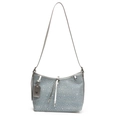 Blauwe tote tas met denim textuur, zilveren strassteentjes en metalen schouderband - Zilver
