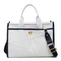 Bolso tote de lona blanca con ribete azul marino y correa ancha ajustable - Blanco Roto