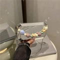 Silver mirror acrylic box clutch with colorful beaded handle and metal chain - Silver