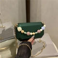 Dark green acrylic geometric box bag with colorful beaded handle and gold chain - Green