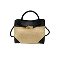 Straw woven tote bag with black leather trim and golden metal knot buckle - Black