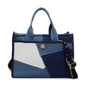 Bolso tote de patchwork de mezclilla con cierre de metal dorado y correa ancha - Blanco con Azul