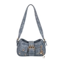 Y2K denim underarm bag with floral patterns, rivet studs and gold star charms - Light Blue