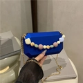 Royal blue geometric acrylic box bag with colorful beaded handle and gold chain - Blue