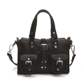 Fashionable black lychee leather motorcycle bag with silver rivets and dual handles - Black