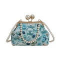 Hellblaue Perlen-Muscheltasche mit Bärenmuster und Perlen-Klippverschluss - Blau