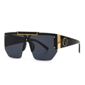 Modern oversized square sunglasses with gold stag logo and smoke grey shield lens - Black Frame Gray Lenses