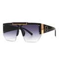 Modern oversized shield sunglasses with gradient purple lenses and gold deer emblem - Black Double Gray