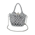 Silberne gewebte Eimertasche mit Kordelzug-Innentasche und Metallketten-Schultergurt - S / Silber