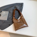 Brown leather underarm bag with silver rivets and vintage industrial style finish - Brown