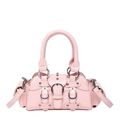 Close-up of pink glossy patent leather motorcycle bag with silver rivets and metal rings - Pink