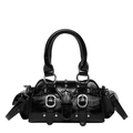 Detail of black patent leather handbag with silver buckles and punk style metal hardware - 20CM*7.5CM*11CM / Black