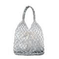 Handgefertigte silberne Netz-Handtasche mit weißem Kordelzug-Innenbeutel aus Stoff - L / Silber
