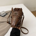 Dark brown leather horse-head bucket bag with vintage rivets and crossbody strap - Brown