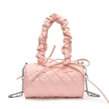 Detail van roze cilindertas met hartstiksels, geplooid handvat en zilveren ketting - 20cm x 11cm x 6cm / Roze