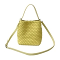 Lemon yellow woven bucket bag with top handle and adjustable strap for women - Yellow