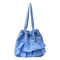 Sac fourre-tout en toile à carreaux bleus et blancs avec volants et cordon serrage - Bleu