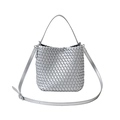Silver woven bucket bag with metallic texture, featuring top handle and adjustable strap - Silver