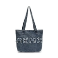 Vintage Denim Tote Tasche mit MKMX Stickerei, Fransendetails und praktischen Schultergurten - Blau