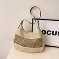 Sac hobo en paille tressé à la main avec sangles en cuir et motif à mailles évidées - Taille unique / Blanc Cassé