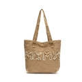 Details der MKMX-Stickerei und des gewaschenen Denim-Stoffs der khakifarbenen Tasche - Braun