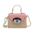 Borsa a scatola in paglia estiva con ricamo evil eye e patta in pelle rosa da donna - Rosa