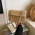 Μπεζ ψάθινη τσάντα χιαστί με κοχύλια και χρυσή αλυσίδα ώμου για διακοπές - Χακί