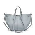 Minimalist grey-blue lychee leather tote bag with unique basket design and long strap - Blue