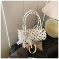 White polka dot cylinder handbag with pearl lace bow charm and crossbody strap - With Pendant / White