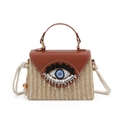 Borsa a scatola in paglia da donna con patta in pelle e dettaglio occhio blu in perline - Marrone