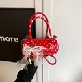 Polka dot red cylinder handbag featuring lace bow and pearl tassel details - With Pendant / Red