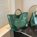Dark green faux crocodile pattern tote bag with white TOTE BAG lettering detail - Green
