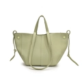 Minimalist light green tote bag in pebbled leather with drawstring side details - Light Green
