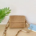 Stroh-Umhängetasche in Beige mit böhmischem Jacquard-Schultergurt für Damen - Braun