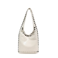 Sac hobo vintage en cuir beige avec garniture de clous argentés et bandoulière chic - Blanc Cassé