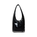 Sac à épaule rétro en cuir noir avec rivets style punk et forme de seau en croissant - Noir