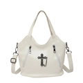 Beige gothic cross handbag with silver metal chains and cross pendant detail - White