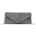 Minimalist silver woven envelope clutch bag with metal chain strap and round buckle - Long Style / Black