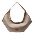 Bolso de playa de tejido beige con correas de cuero marrón y elegante forma de medialuna - Caqui