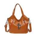 Retro brown orange pebbled leather tote with cross pendant and metal chain detail - Brown