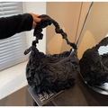 Detail showing high-quality black pleated texture and soft fabric of the cloud shoulder bag - Black