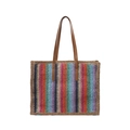 Colorful striped straw tote bag with rainbow woven patterns and brown leather handles - Khaki