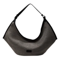 Bolso hobo tejido blanco y negro con ribete de cuero negro para viajes de playa en verano - Negro