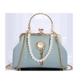 Light blue baroque style handbag with pearls, tassel detail and vintage golden frame - Pendant Style / Blue