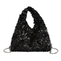 Fashionable black sequin handbag with silver chain strap and triangular silhouette - Black